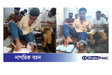 হাত নেই, পা দিয়ে লিখে বিশ্ববিদ্যালয়ের মেধা তালিকায় কুড়িগ্রামের মানিক