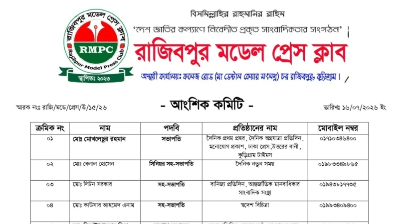 রাজিবপুর মডেল প্রেস ক্লাবের আংশিক কমিটি ঘোষণা, সভাপতি মোখলেছুর রহমান, সম্পাদক জিয়াউর রহমান (জিয়া)